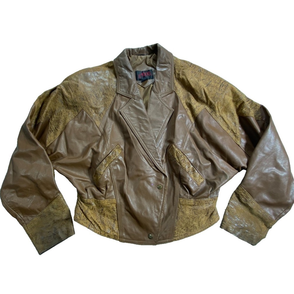 Vintage G4000 Leather Bomber Jacket Womens Medium Brown Snakeskin Print Cropped